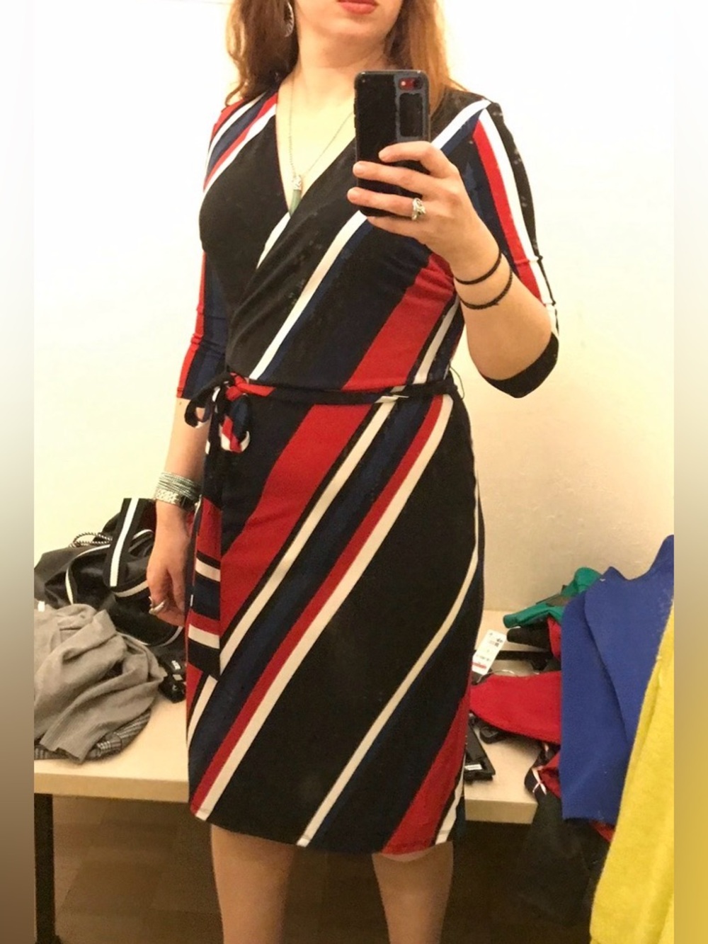 INC International Concepts Black, Red & Blue Striped Wrap Midi Dress